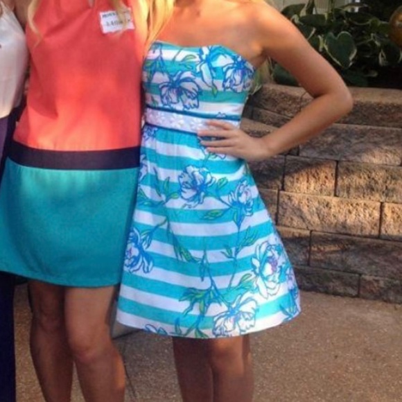 Lilly Pulitzer Blue Floral & Stripes Strapless Dress - Picture 6 of 6